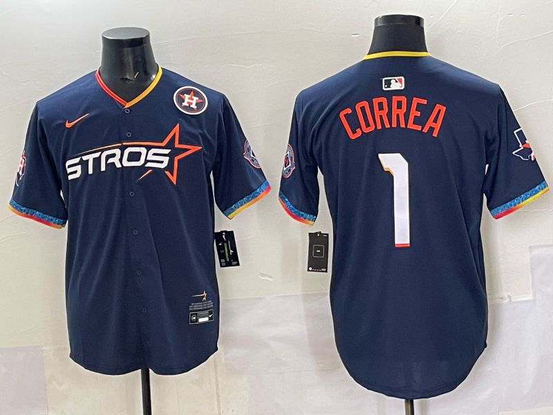 Men 2025 Houston Astros #1 Correa Blue Four generations Joint Name Nike MLB Jersey style 02